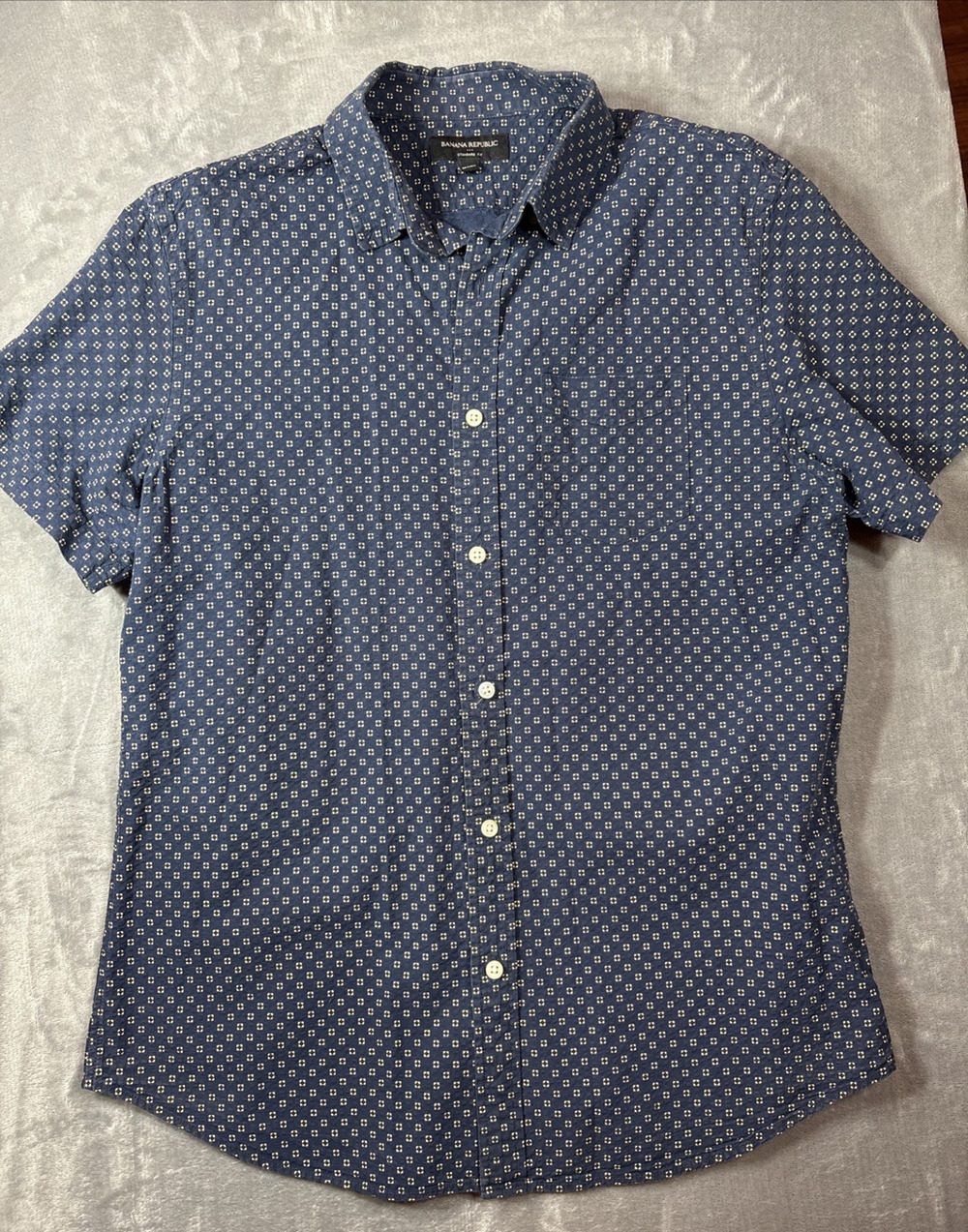 Banana Republic Shirt Men Medium Navy Blue Linen Blend Geometric Short Sleeve